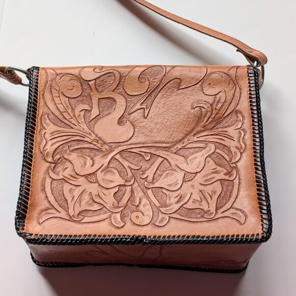 Vintage Hand Tooled Leather Purse Crossbody Shoulder Bag W/ Lily Flower & Fairy - Picture 6 of 14